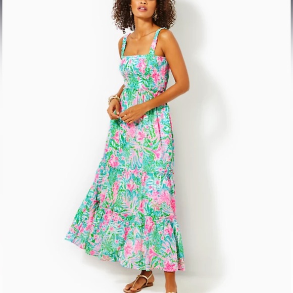 HADLY SMOCKED MAXI DRESS, ESTELLE YELLOW LTWT OXFORD STRIPE WITH LEMON BEE EMBROIDERY